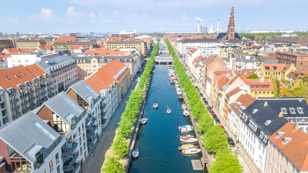Aerial view of a canal in central Copenhagen